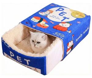 Fluffybox™ Plišasta Mačja Postelja V Obliki škatle, Modra