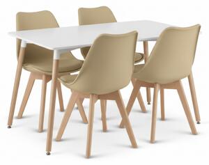 Jedilni set 1 + 4, bela miza ADRIA 120x80 cm + bež stol BALI MARK z bukovimi nogami