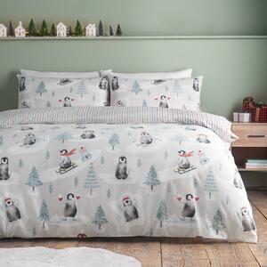 Enojna flanelna posteljnina v naravni barvi 135x200 cm Brushed Christmas Penguins – Catherine Lansfield