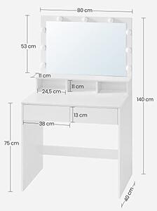 Toaletna mizica VANESA z velikim ogledalom in osvetlitvijo, 80x40x140cm, bela SongmicsHome