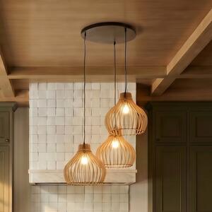 TEMAR LIGHTING Visoka svetilka Barrel z lesenimi senčniki, 3-fl. okrogla, zatemnjen, Les, Dnevna soba / jedilnica, Les, Podeželska hiša / Rustikalna