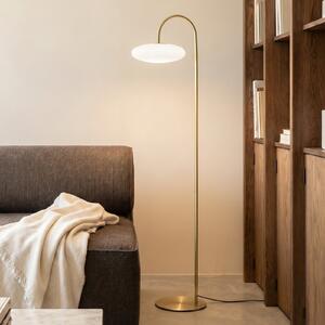 Lucande LED-stoječa svetilka Tenebra, 150 cm, medenina/bela, steklo, zatemnjen, Zlata / medeninasta, Dnevna soba / jedilnica, Medenina, Sodobni
