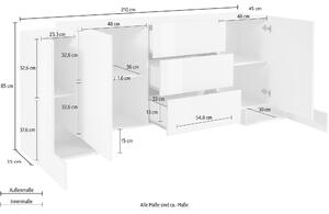 Credenza Pillon 210 - 2+2 ante + 3 cassetti - Bianco Lucido/Acero Pereira