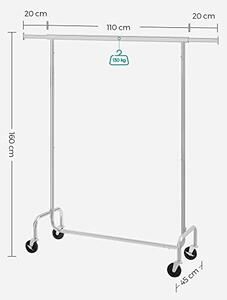 Obešalnik za oblačila IRENE na kolesih, max. 130kg, 150x45x160cm, srebrna SongmicsHome