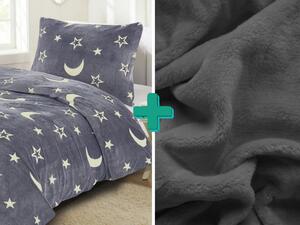 Siva posteljnina iz mikropliša Luminous BIG MOON + rjuha iz mikropliša SOFT 90x200 cm temno siva