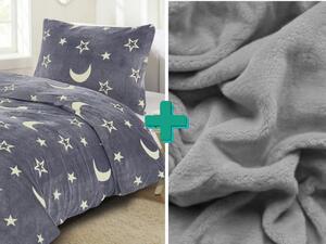 Siva posteljnina iz mikropliša Luminous BIG MOON + rjuha iz mikropliša SOFT 90x200 cm svetlo siva