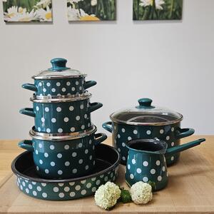 Komplet emajlirane zelene posode z belimi pikami 6-delni