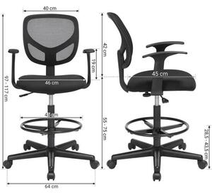 Ergonomski pisarniški stol z naslonjali za roke, višina sedišča 55-75 cm, Črn | SONGMICS