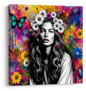 Slika dekle z metulji in cvetjem