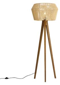 Stoječa svetilka Vintage lesena z rjavim senčnikom iz papirnate vrvi 50/50/30 - Tripod Classic