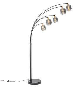 Stoječa svetilka črna z zlatom in dimljenim steklom 5-luč - Zuzanna