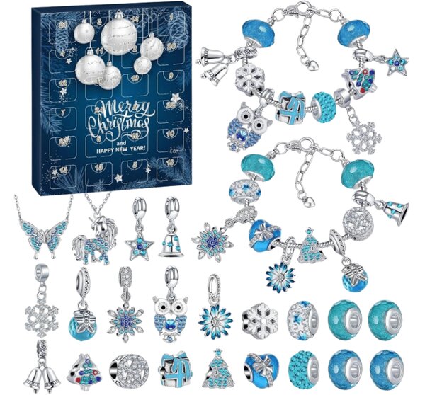 Adventni koledar BLUE DIAMONDS z zapestnicami, verižicami in obeski, modra/srebrna