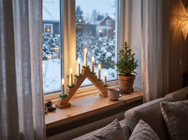 Božični svečnik za okno HOLLY NIGHT lesen s 7 LED, bel