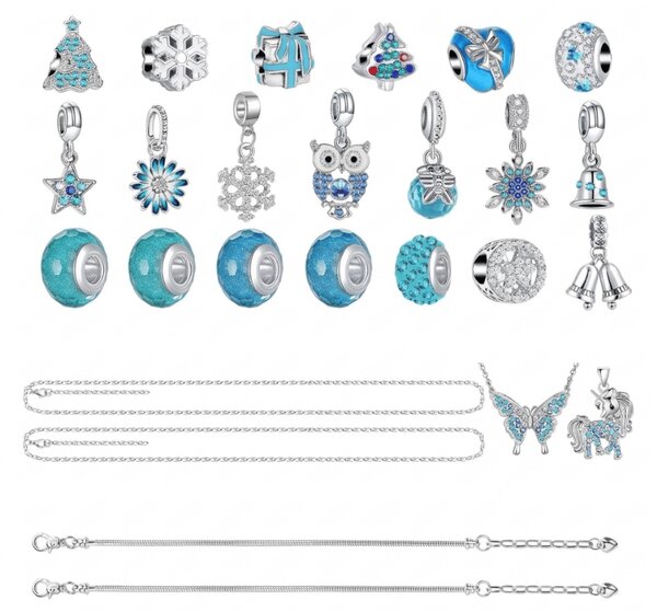 Adventni koledar BLUE DIAMONDS z zapestnicami, verižicami in obeski, modra/srebrna
