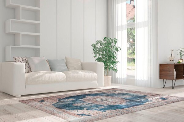 RAVNO TKANA PREPROGA Vintage 8400 Creme / Blau 140/200 cm potiskano modra, krem barve