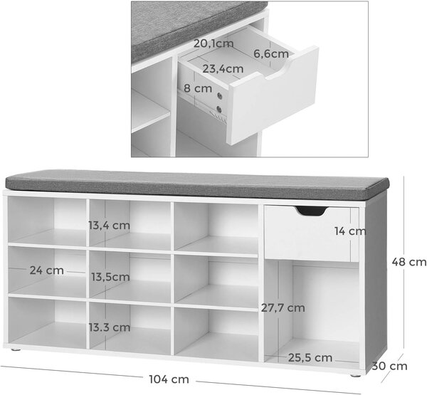 Omarica za čevlje s klopjo s sivim sedežem in predalom WESO WHITE 104x30x48 cm, bela