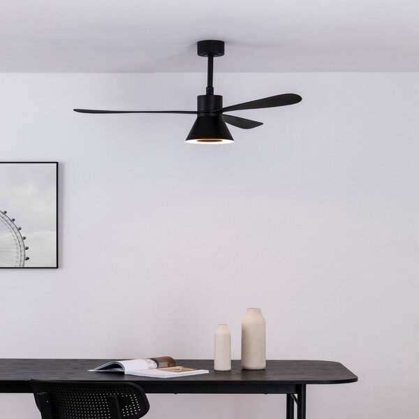 FARO BARCELONA LED-stropni ventilator Amelia Cone L, črn, tih, 132 cm, zatemnjen, Črna, Dnevna soba / jedilnica, Plastika, Sodobni