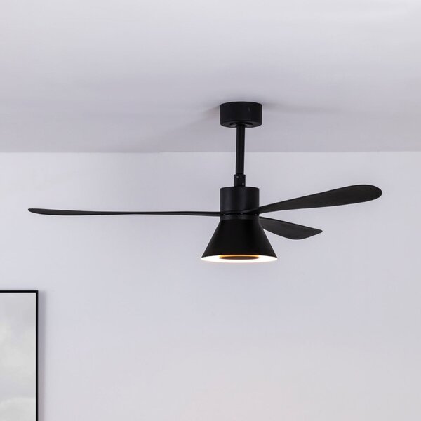 FARO BARCELONA LED-stropni ventilator Amelia Cone L, črn, tih, 132 cm, zatemnjen, Črna, Dnevna soba / jedilnica, Plastika, Sodobni