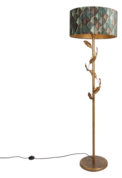 Zlata stoječa svetilka z senčilom z motivom listov in zlato notranjostjo 50 cm - Linden