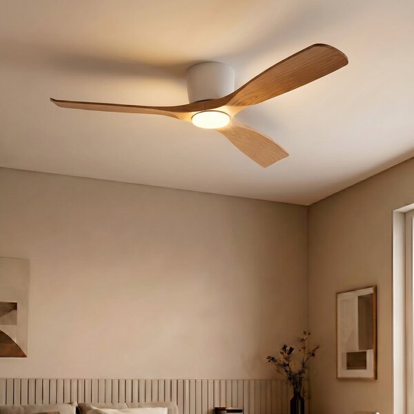 Lucande Smart LED stropni ventilator Moneno, bel/les, Tuya, zatemnjen, Les, Dnevna soba / jedilnica, Kovina, Sodobni