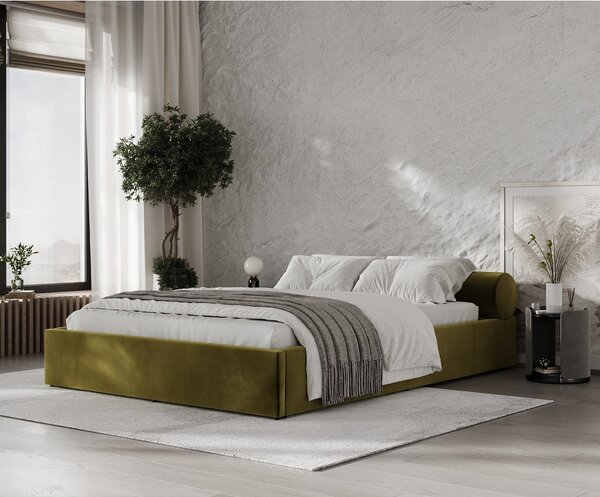 Temno zelena oblazinjena zakonska postelja s prostorom za shranjevanje z letvenim dnom 180x200 cm Solvo – Maison de Rêve