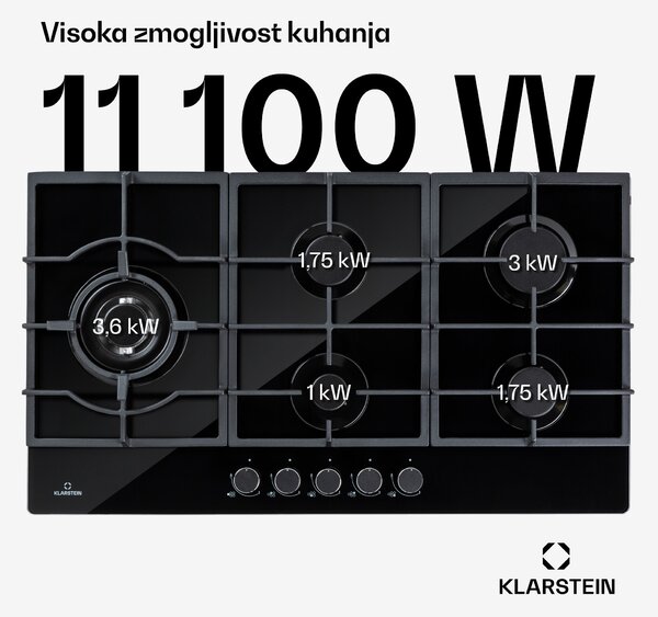 Klarstein Ignito Chef Edition, 5 con, plinska kuhalna plošča, 5 gorilnikov, Sabaf gorilniki, steklokeramična površina