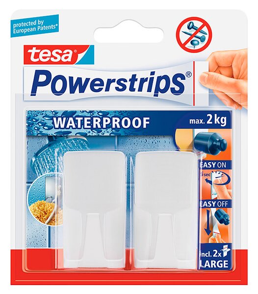 Stenska kljukica Tesa Powerstrips Waterproof (2 kosa, umetna masa, bela)