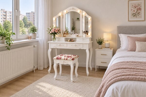JAKS Toaletna mizica z LED ogledalom in taburejem, bela, TL14 Rose