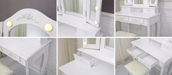 JAKS Toaletna mizica z LED ogledalom in taburejem, bela, TL14 Rose