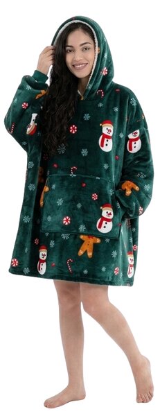 Topla odeja z imitacijo ovčje volne z rokavi in kapuco SNOWMAN AND GINGERBREAD, zelena
