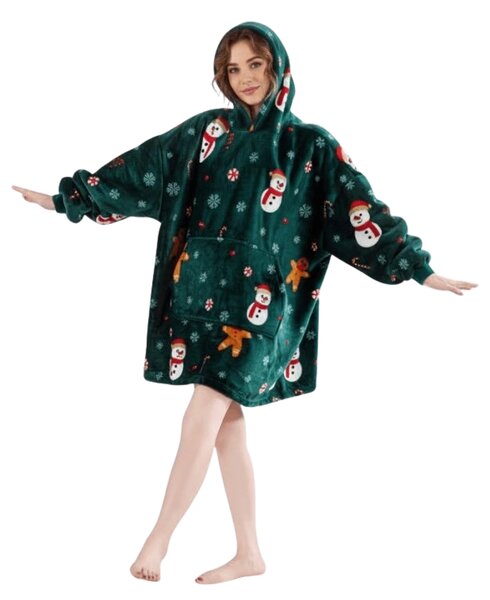 Topla odeja z imitacijo ovčje volne z rokavi in kapuco SNOWMAN AND GINGERBREAD, zelena