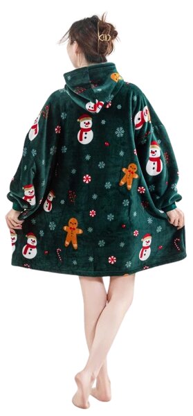 Topla odeja z imitacijo ovčje volne z rokavi in kapuco SNOWMAN AND GINGERBREAD, zelena