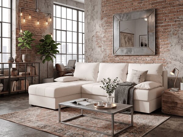 Kremna raztegljiva kotna sedežna garnitura VENORIA SLIM, 200x143 cm, obojestranska + 2 blazini GRATIS