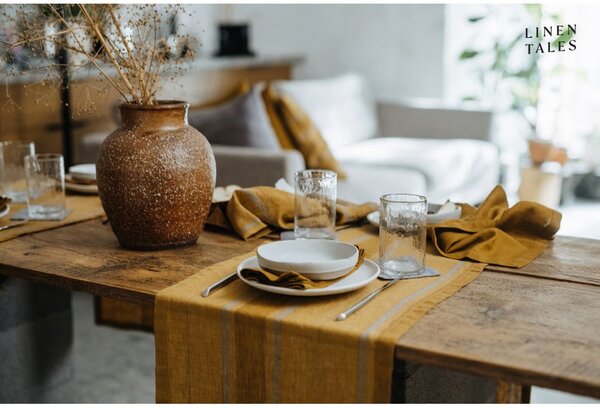 Lanen namizni tekač 200x200 cm Amber Bronze Stripes – Linen Tales