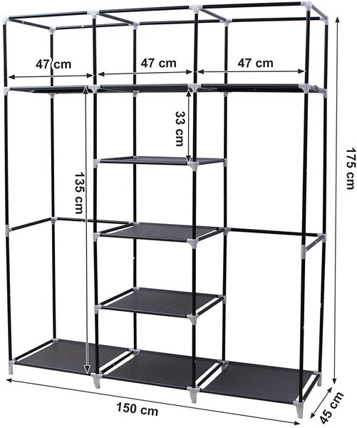 Mobilna garderobna omara, omara iz tkanine, zložljiva garderobna omara s prečko za obešanje, črna | SONGMICS