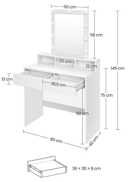 Toaletna mizica z ogledalom in nastavljivo lučjo, 80 x 145 x 40 cm, bela | VASAGLE