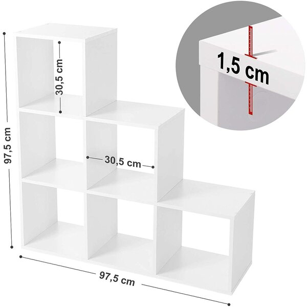 Knjižna polica, stopničasta polica s 6 predelki, 97,5 x 97,5 x 29 cm | VASAGLE