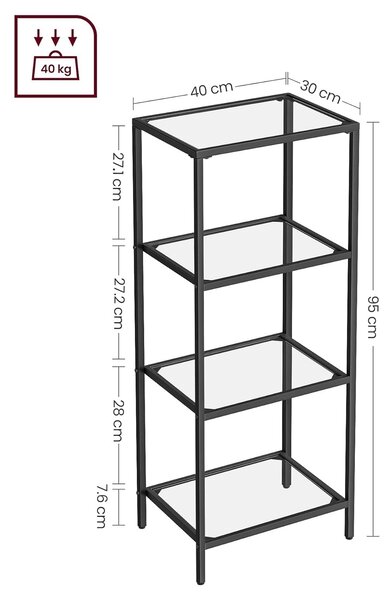 4-nivojska steklena polica, knjižna omara, črna | VASAGLE