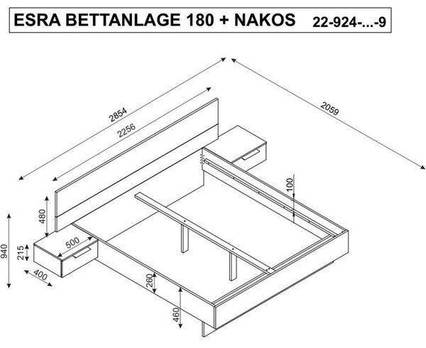 POSTELJNA GARNITURA 180 cm x 200 cm , leseni material barve grafita, barve hrasta