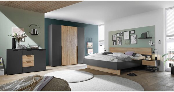 POSTELJNA GARNITURA 180 cm x 200 cm , leseni material barve grafita, barve hrasta