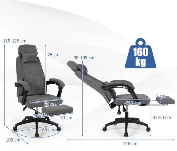 Ergonomski pisarniški stol z zložljivim naslonom za noge in nastavljivim naslonjalom, siv
