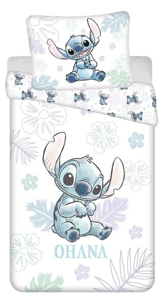 Bela enojna bombažna otroška posteljnina 140x200 cm Lilo and Stitch "Ohana White" – Jerry Fabrics