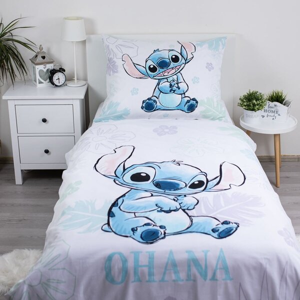 Bela enojna bombažna otroška posteljnina 140x200 cm Lilo and Stitch "Ohana White" – Jerry Fabrics