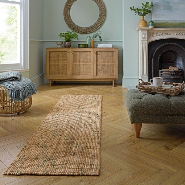 Obojestranski ročno tkan tekač iz jute v naravni in zeleni barvi 60x230 cm Jute Boucle Green – Flair Rugs