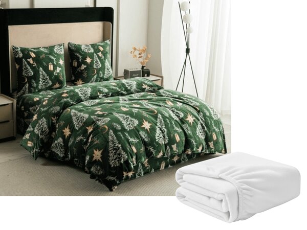 Set posteljnine mikropliš GREEN CHRISTMAS zelena + rjuha mikropliš SOFT 90x200 cm bela, enojna postelja