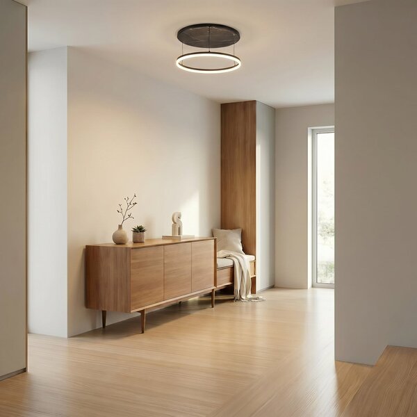 Lucande LED stropna svetilka Orven, črna/marmor, Ø 50 cm, dim., zatemnjen, Črna, Dnevna soba / jedilnica, Kovina, Sodobni