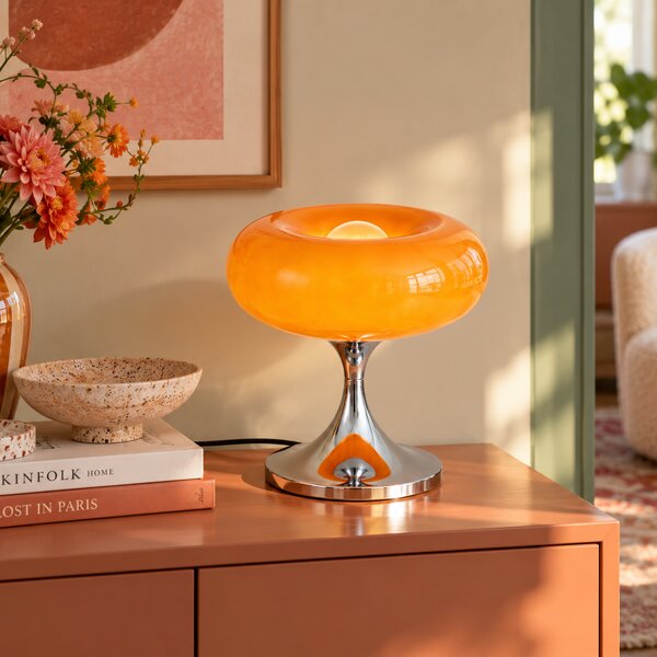 Retro namizna svetilka krom z oranžnim steklenim senčnikom 31 cm - Glaze