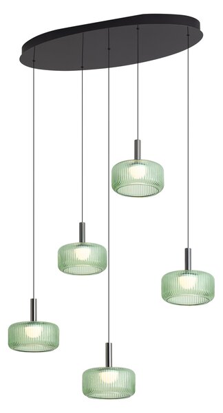Fiera Designer Pendant Lamp: Gunmetal Finish with Green Glass, Integrated LED, 3-Step Dimmable, 5-Light Easylift