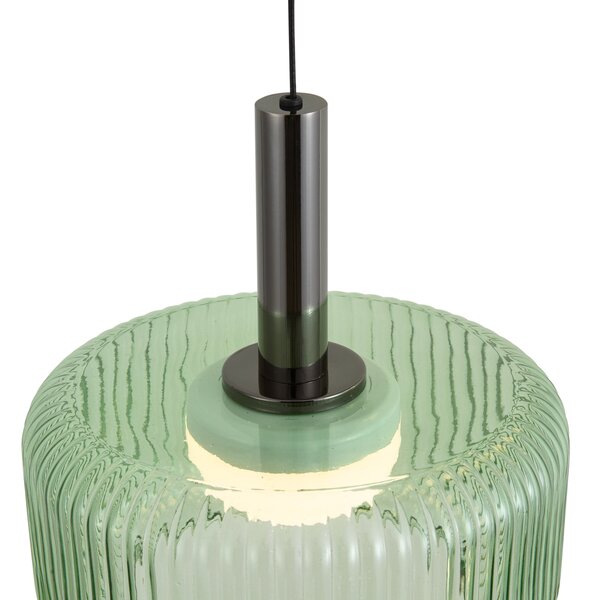 Fiera Designer Pendant Lamp: Gunmetal Finish with Green Glass, Integrated LED, 3-Step Dimmable, 5-Light Easylift