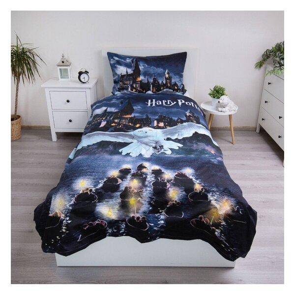 Temno modra/siva enojna otroška posteljnina iz mikrovlaken 140x200 cm Harry Potter "Hogwarts Night" – Jerry Fabrics
